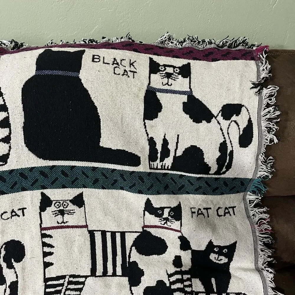 Crown Crafts Pat Meyers Cat Woven Throw Blanket Cotton Fringe Tapestry 60x50 USA